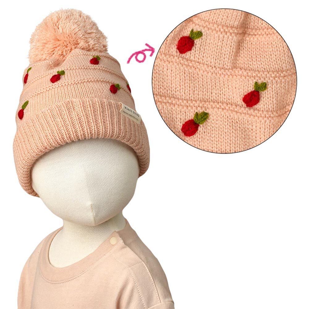 akachan honpo - 針織帽-水果刺繡-粉紅色