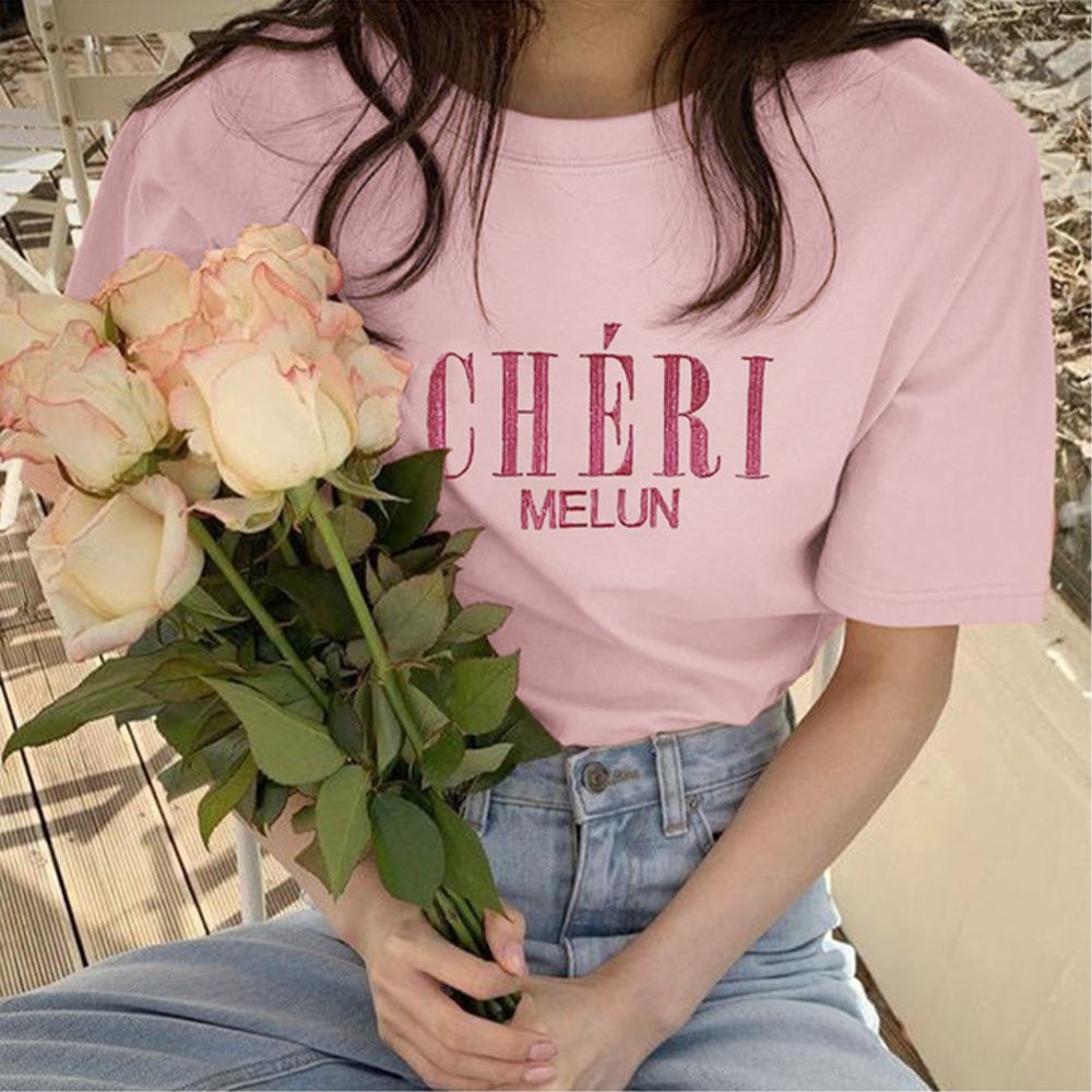 法文字母刺繡短袖上衣-粉紅 (F)