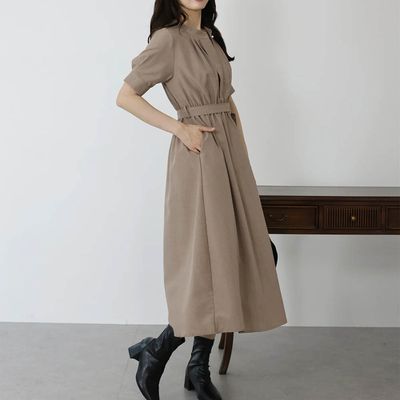 日本 BLUE EAST - 優雅打褶2way領束腰短袖洋裝-摩卡