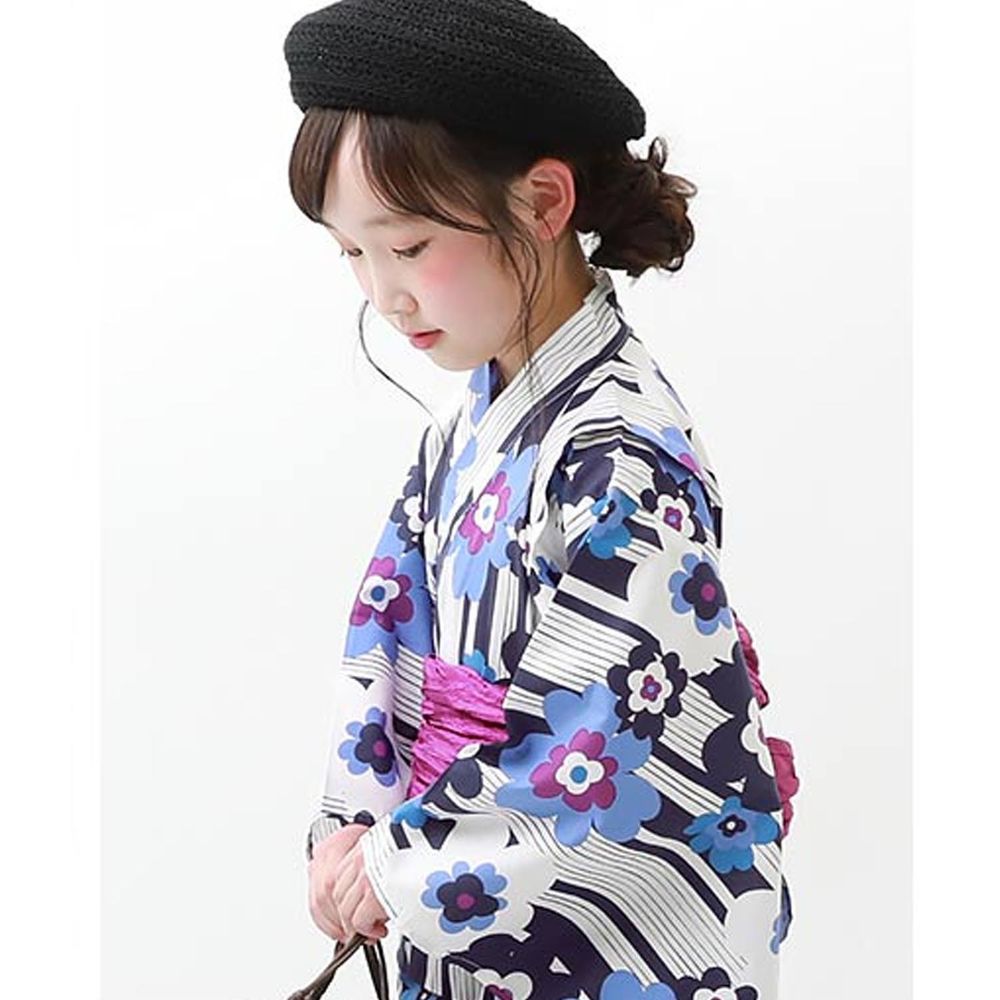 日本 devirock - 純棉夏日祭典花朵浴衣兵兒帶2件組-繁盛花朵-深藍x紫
