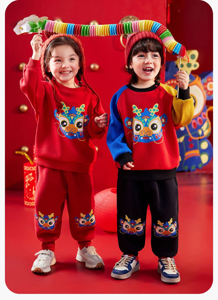 喜氣拜年腰鬆緊休閒長褲-萌萌龍-紅色