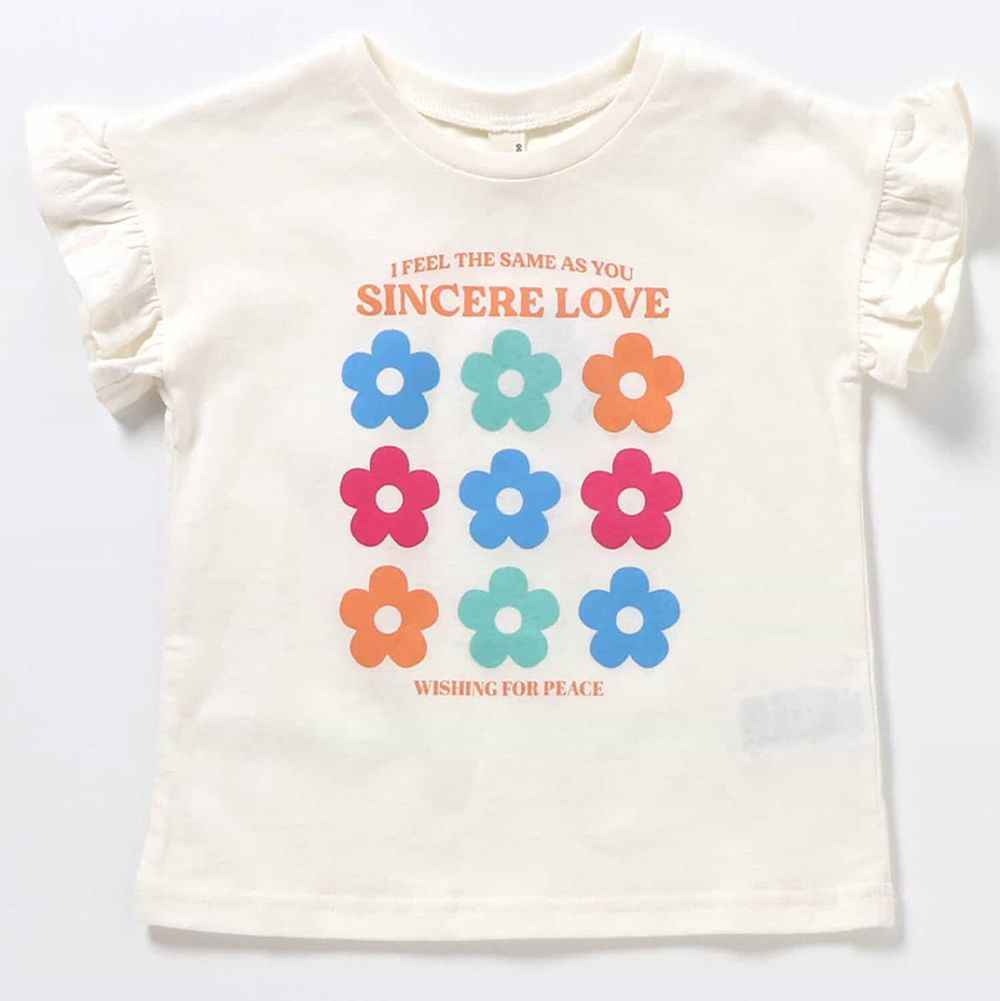 荷葉摺邊女孩短袖上衣-花朵-白