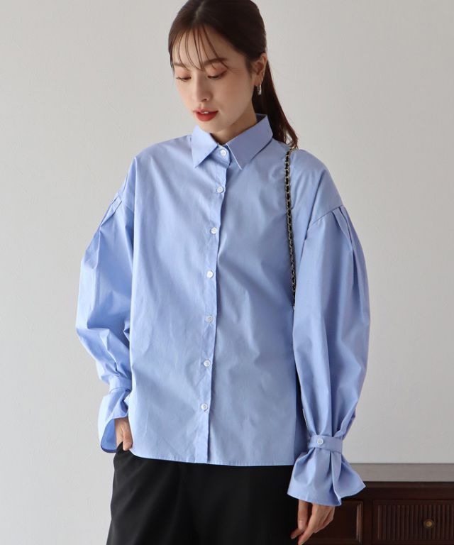 日本 BLUE EAST - 甜美翻領糖果袖襯衫-水藍