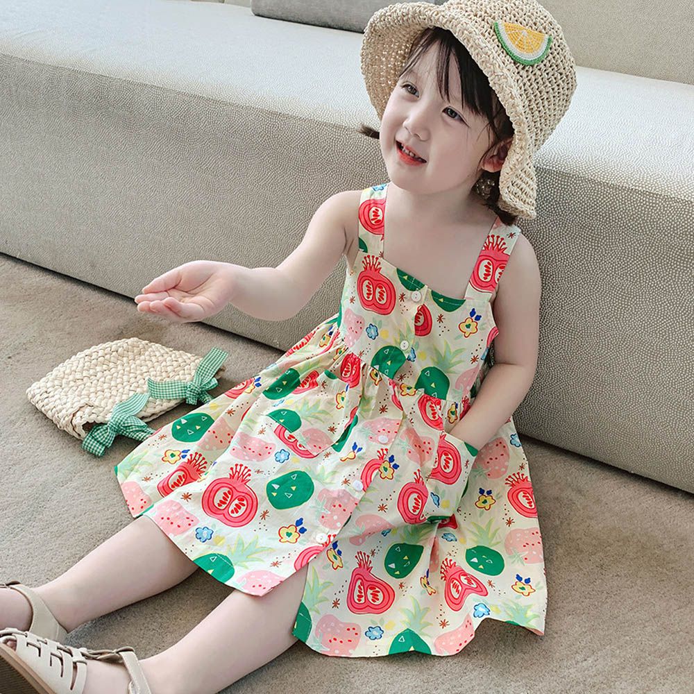 純棉開釦吊帶洋裝-滿版印花-黃杏色