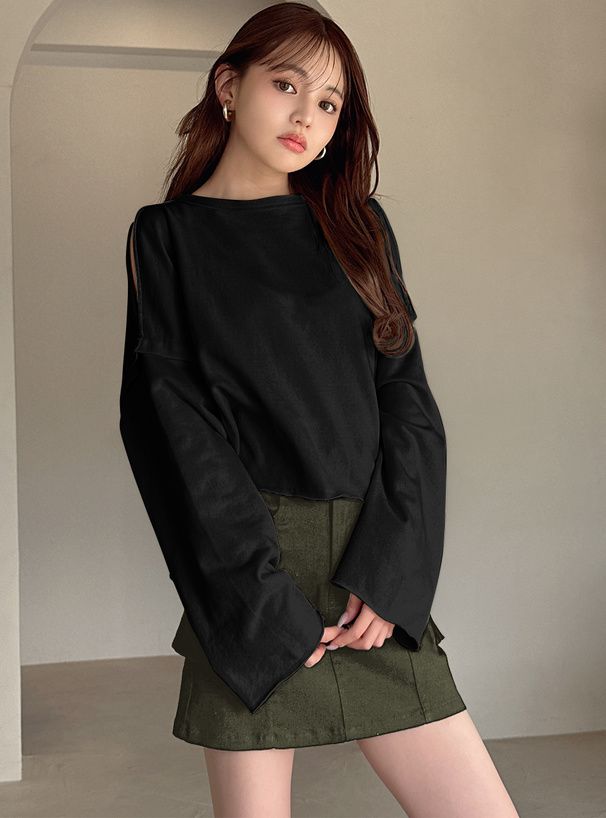 日本 GRL - 露肩開衩短版薄長袖上衣-黑 (F)