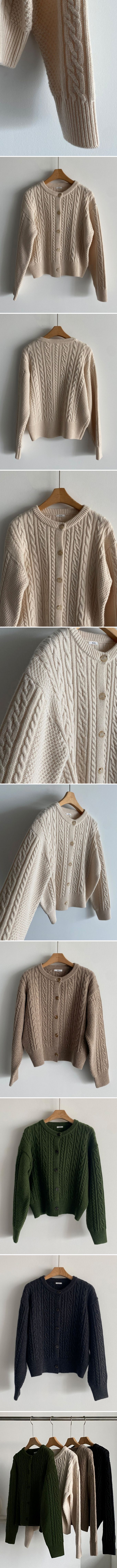 韓國女裝連線 - 麻花捲鈕扣無領針織外套-黑灰 (FREE)