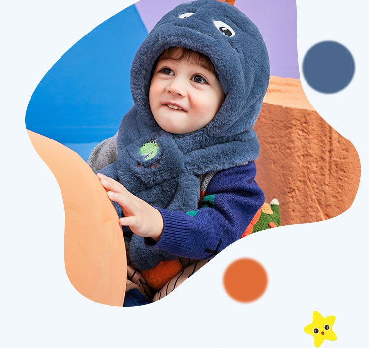 韓國lemonkid - 超萌卡通毛绒一體帽-靛藍恐龍