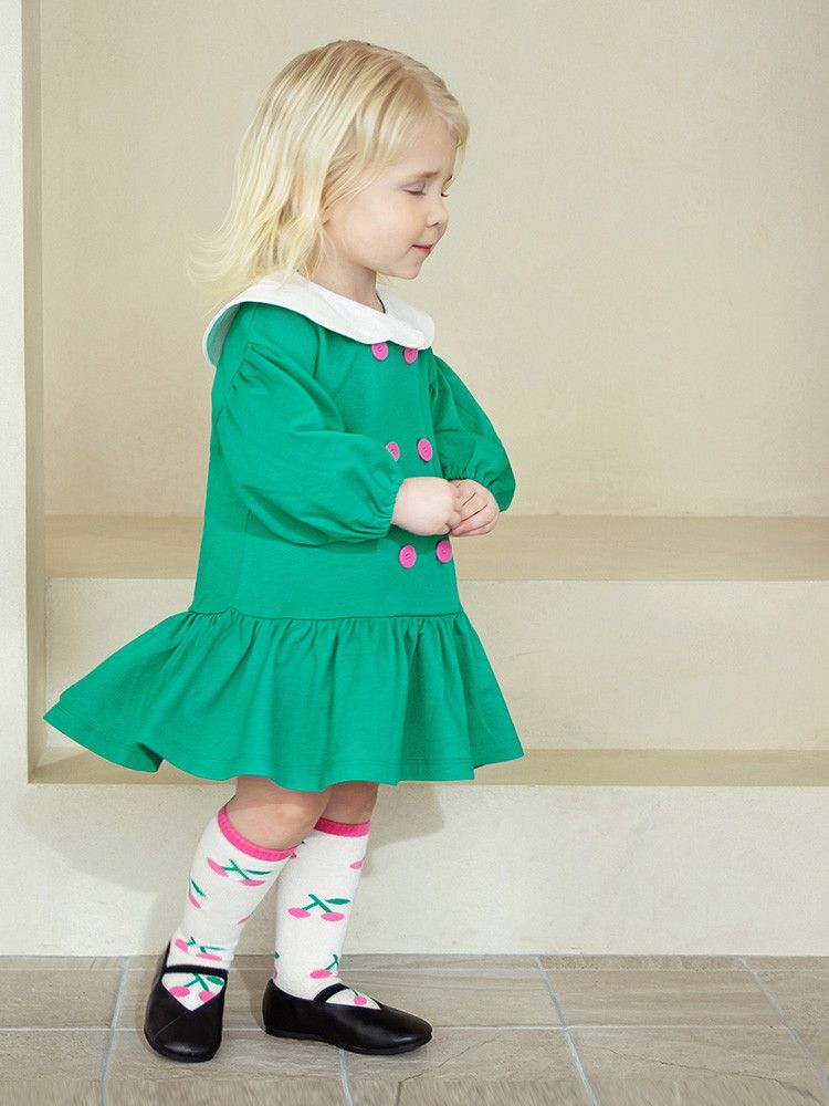 韓國 Pimpollo - 雲朵翻領鈕扣波浪洋裝-綠