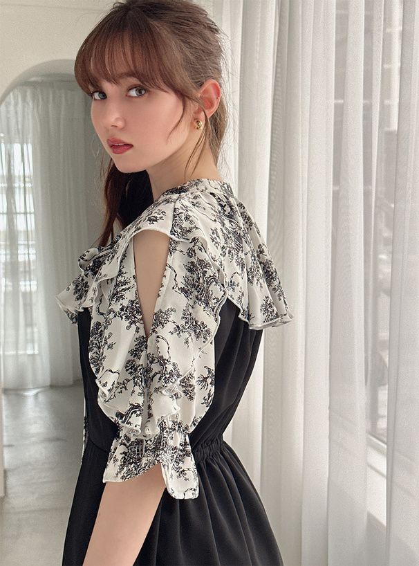 日本 GRL - 浪漫碎花拼接魚尾裙短袖洋裝-經典黑