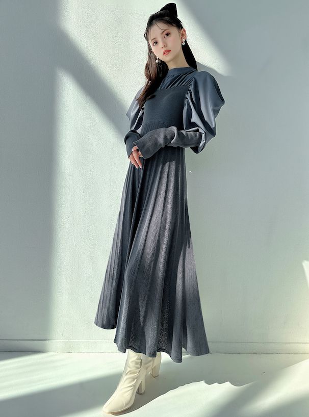 日本 GRL - 燭光晚餐優雅羊腿袖洋裝-深海藍