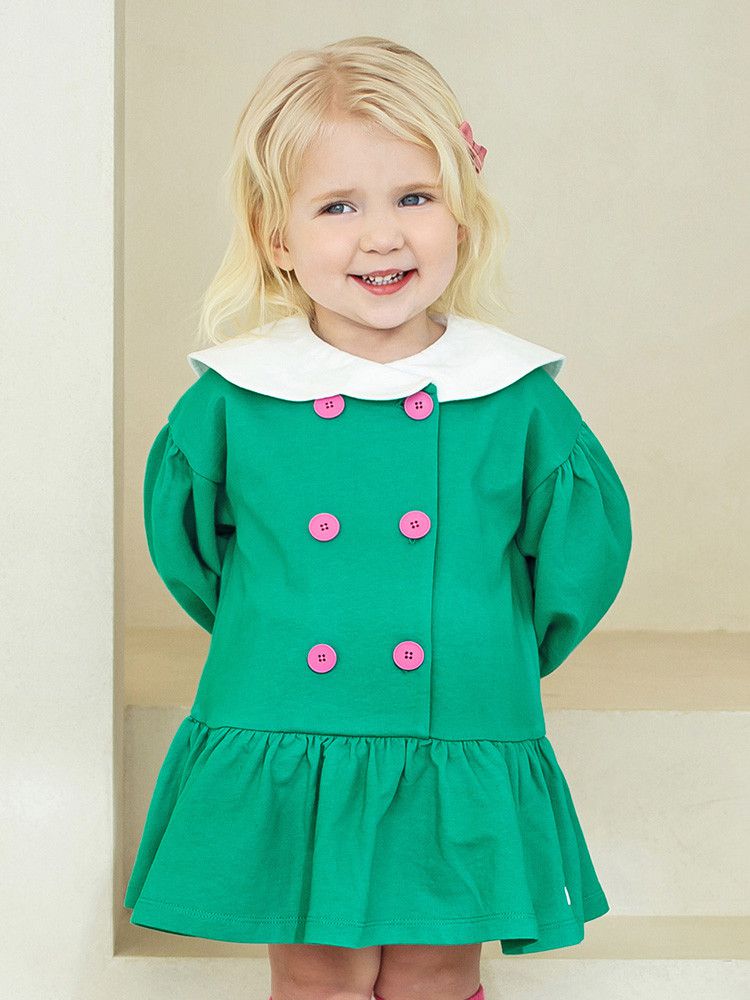 韓國 Pimpollo - 雲朵翻領鈕扣波浪洋裝-綠