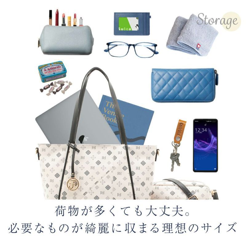 日本 FIRANO - [雜誌揭載]經典花紋仿皮托特包+側背包2件組-附摺疊購物袋-米白 (30x40x14cm)