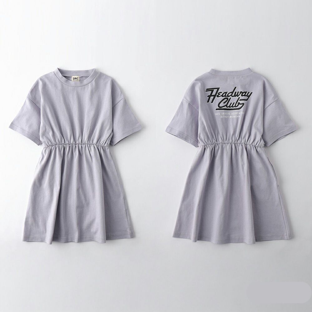 純棉背後印花束腰短袖洋裝-英文字-薰衣草