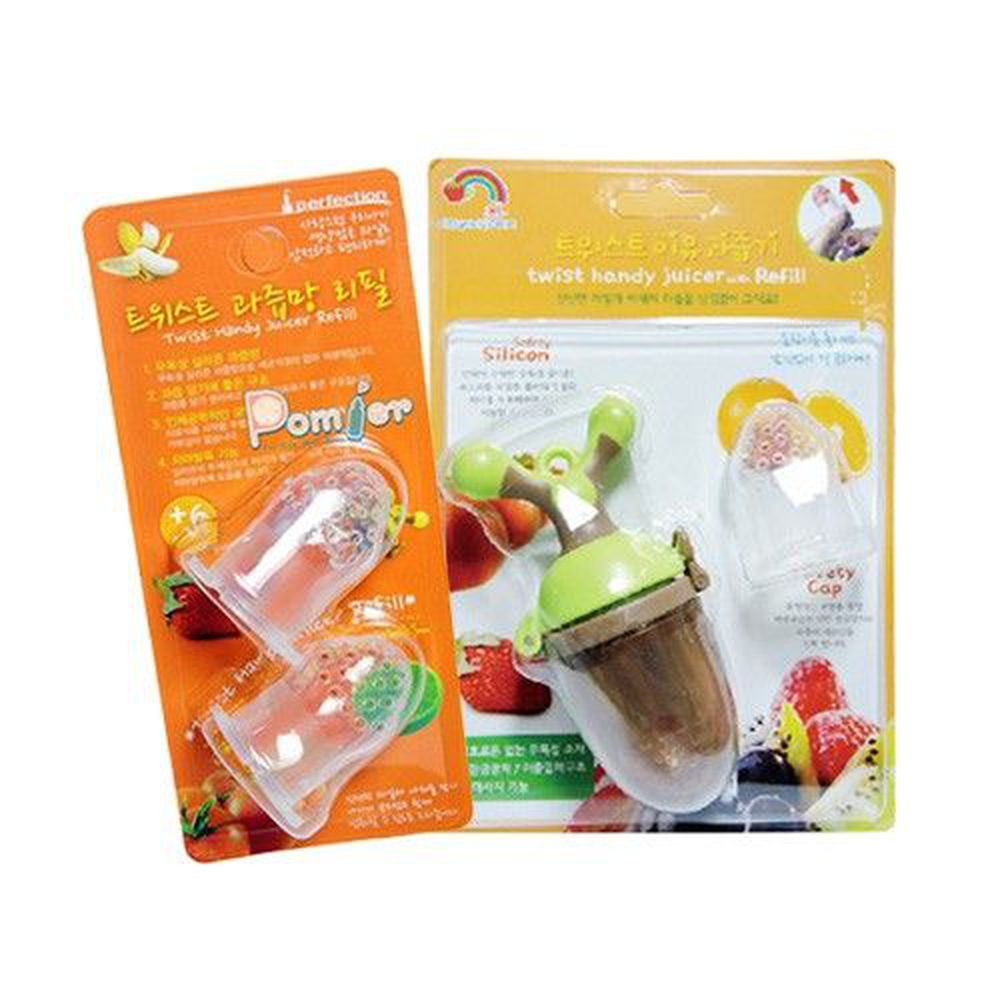 韓國 Pomier 朴蜜兒 - 旋轉水果棒-1+1超值組-棕綠 (旋轉水果棒x1+矽膠替換嘴配件x1+矽膠替換嘴配件x1卡2入)