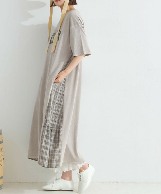 日本 Lupilien - 復古寬鬆格紋拼接短袖洋裝-BETTER-水藍