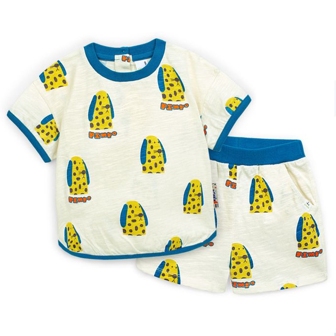 韓國 Pimpollo - 長耳斑點狗狗印短袖套裝-藍X磚紅