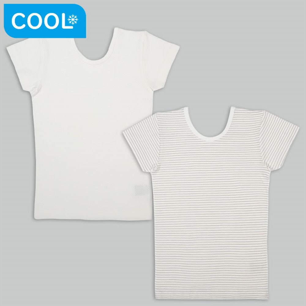 短袖圓領上衣2件組 網眼-前後皆可穿 橫紋-米白色