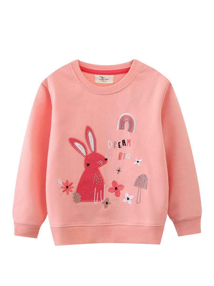 Jumping meters - 棉質圓領長袖上衣/大學T-刺繡兔兔與花-粉色