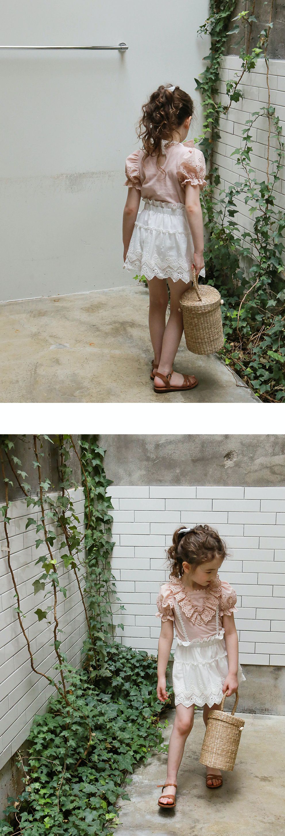 韓國 PuellaFLO - V字荷葉鏤空公主袖上衣-粉紅