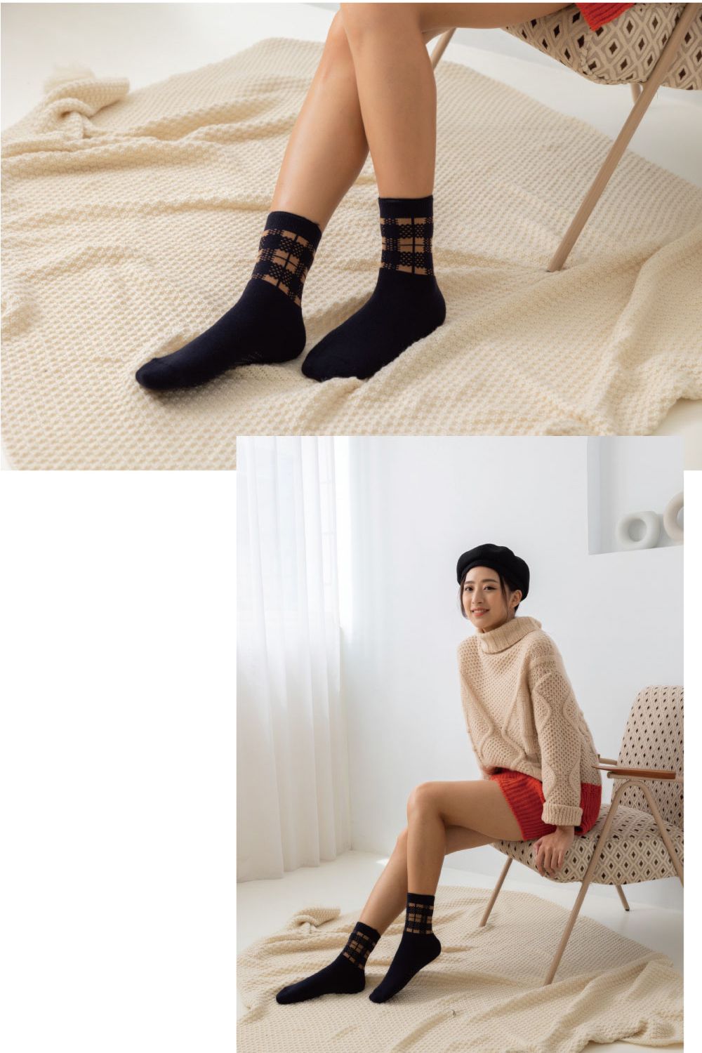 貝柔 Peilou - 裹起毛厚織長襪-格紋-深藍