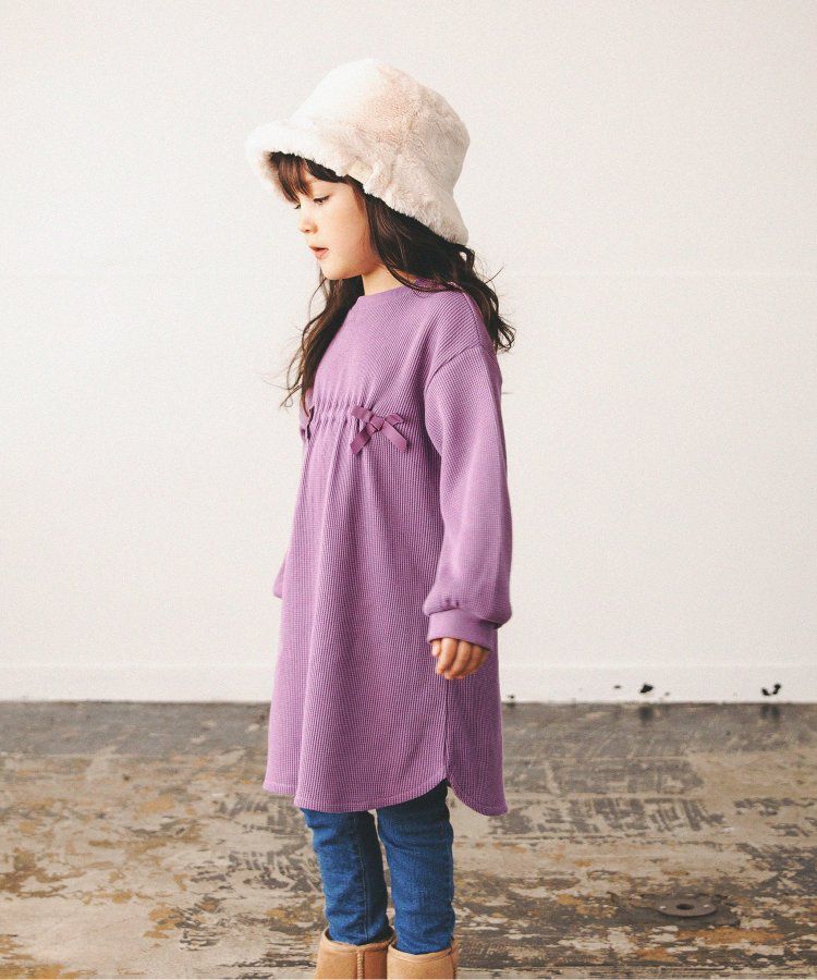 日本 apres les cours - 甜美華夫格長袖洋裝-緞帶裝飾-薄荷綠