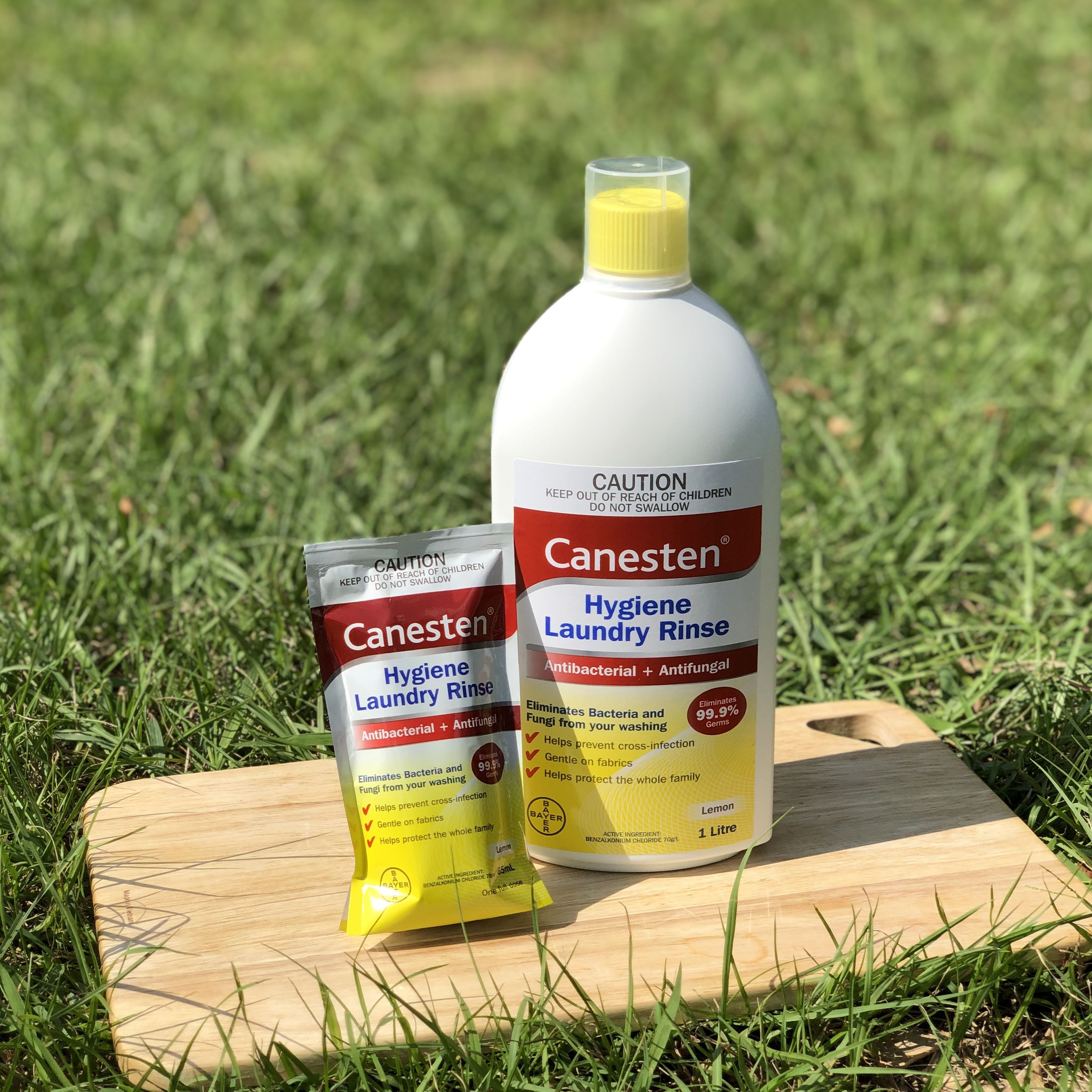 德國 BAYER 拜耳 - Canesten 衣物除菌消毒液-澳洲版-Lemon-1212特談超殺組(買3大送3小再送紅運化妝包)-1000ml*3+65ml*3+紅運化妝包*1