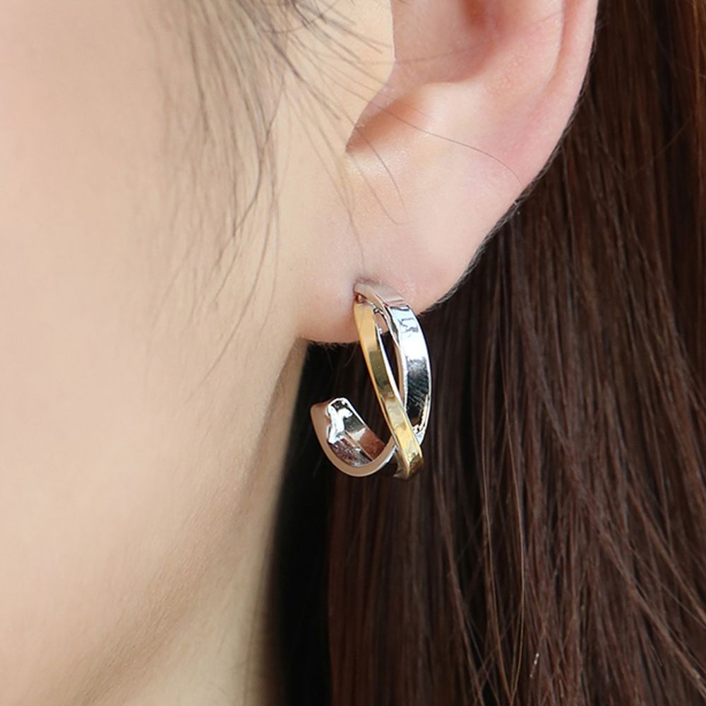 韓國製 - 耳環-金銀交叉