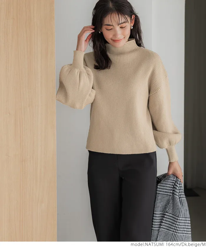 日本 COCA - 舒適修身立領羅紋毛衣-淺粉