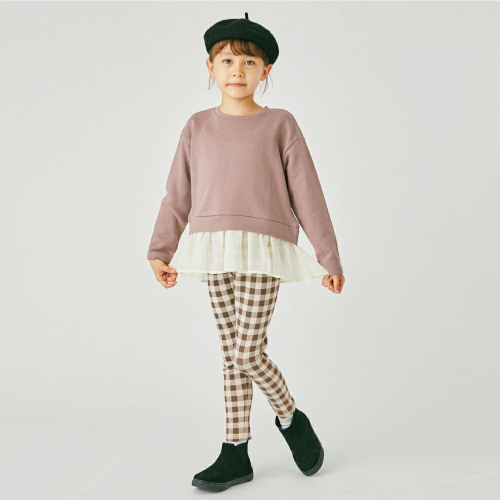 日本 evercloset - 下擺飄逸薄紗素色長袖上衣-煙燻粉x白