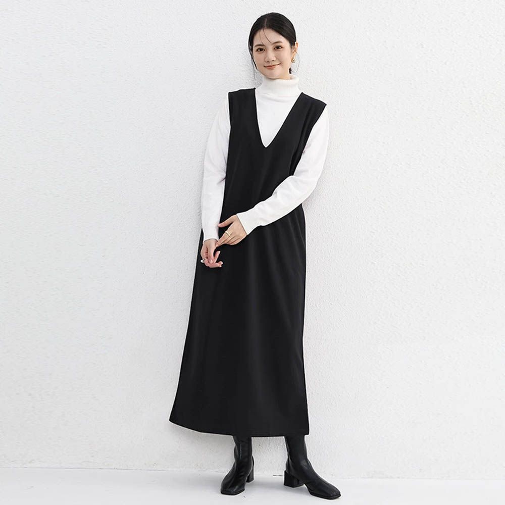 V領後開衩背心裙-黑色