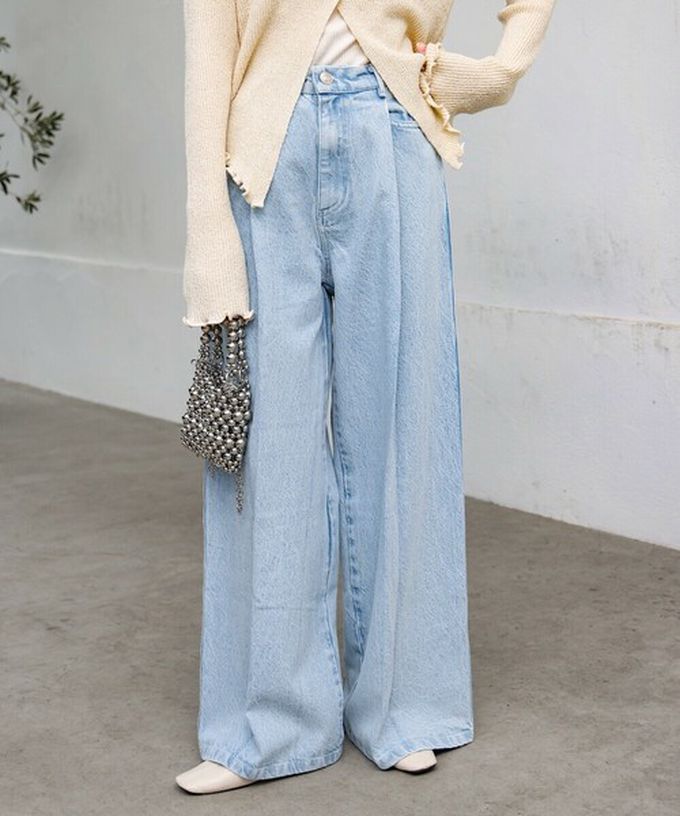 日本 Bab - 腳長效果 摺線丹寧印度棉寬褲-深灰