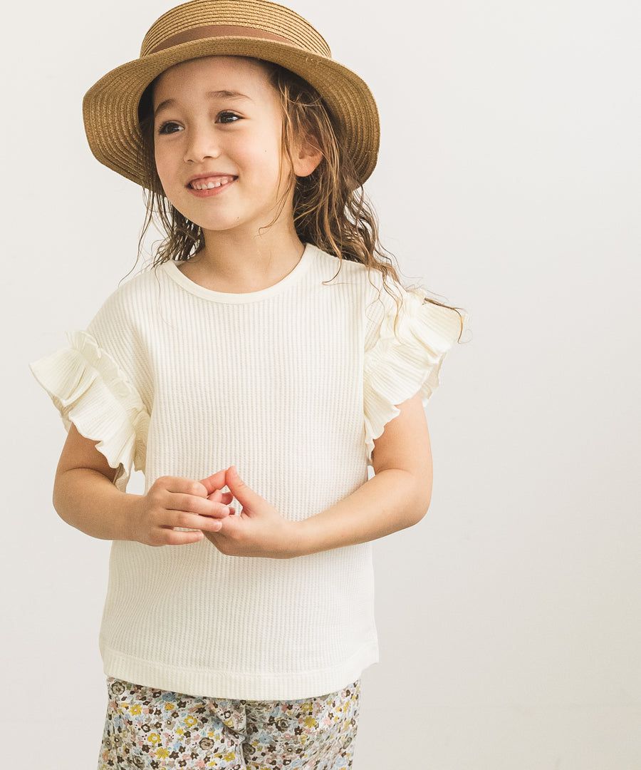 日本 PAIRMANON - 純棉荷葉衣袖拼接鬆餅紋短T-黑