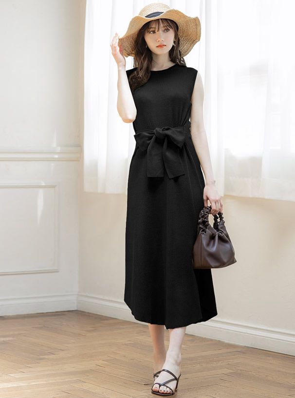 日本 GRL - 顯瘦大蝴蝶結綁帶無袖洋裝-黑