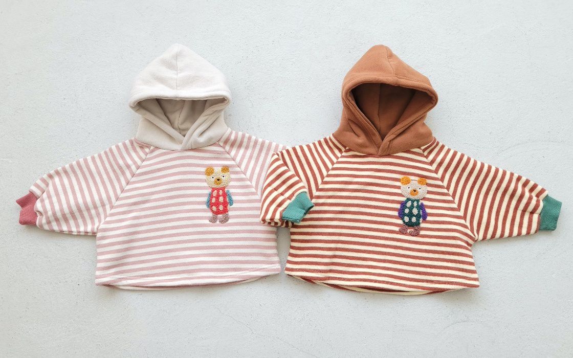 韓國 Mimico - (裏起毛)立體熊熊條紋連帽T-暗粉