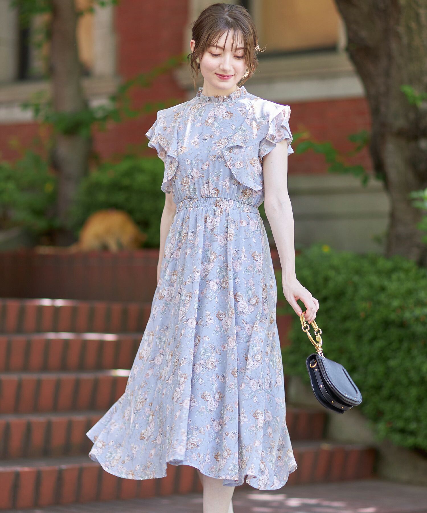 日本 tocco-closet - 優雅荷葉領無袖洋裝-甜蜜花園-天空藍