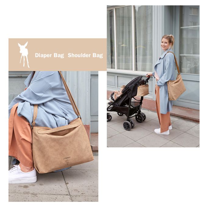 德國 Lassig - 純色質感皮革肩背媽媽包-奶茶駝-含尿布墊+推車掛勾+保溫瓶收納包