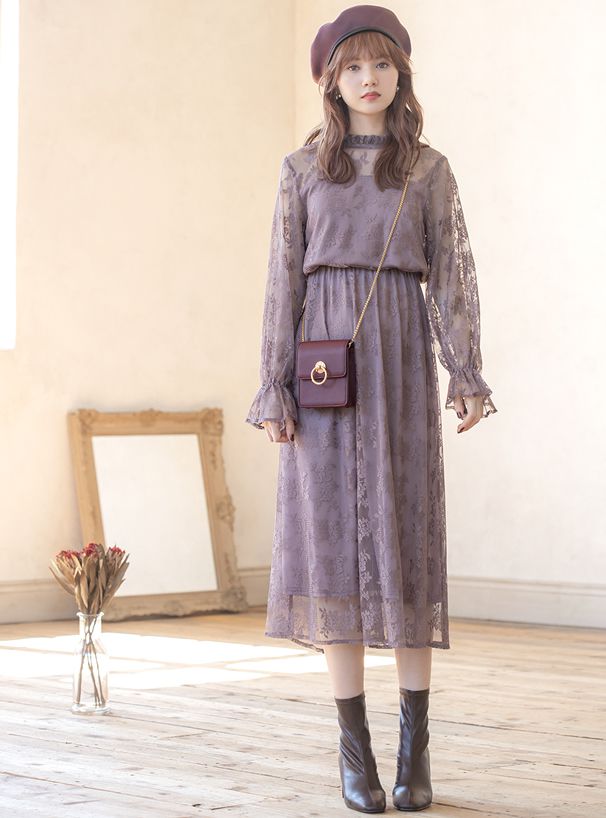 日本 GRL - 浪漫之吻花蕾絲洋裝-摩卡紫