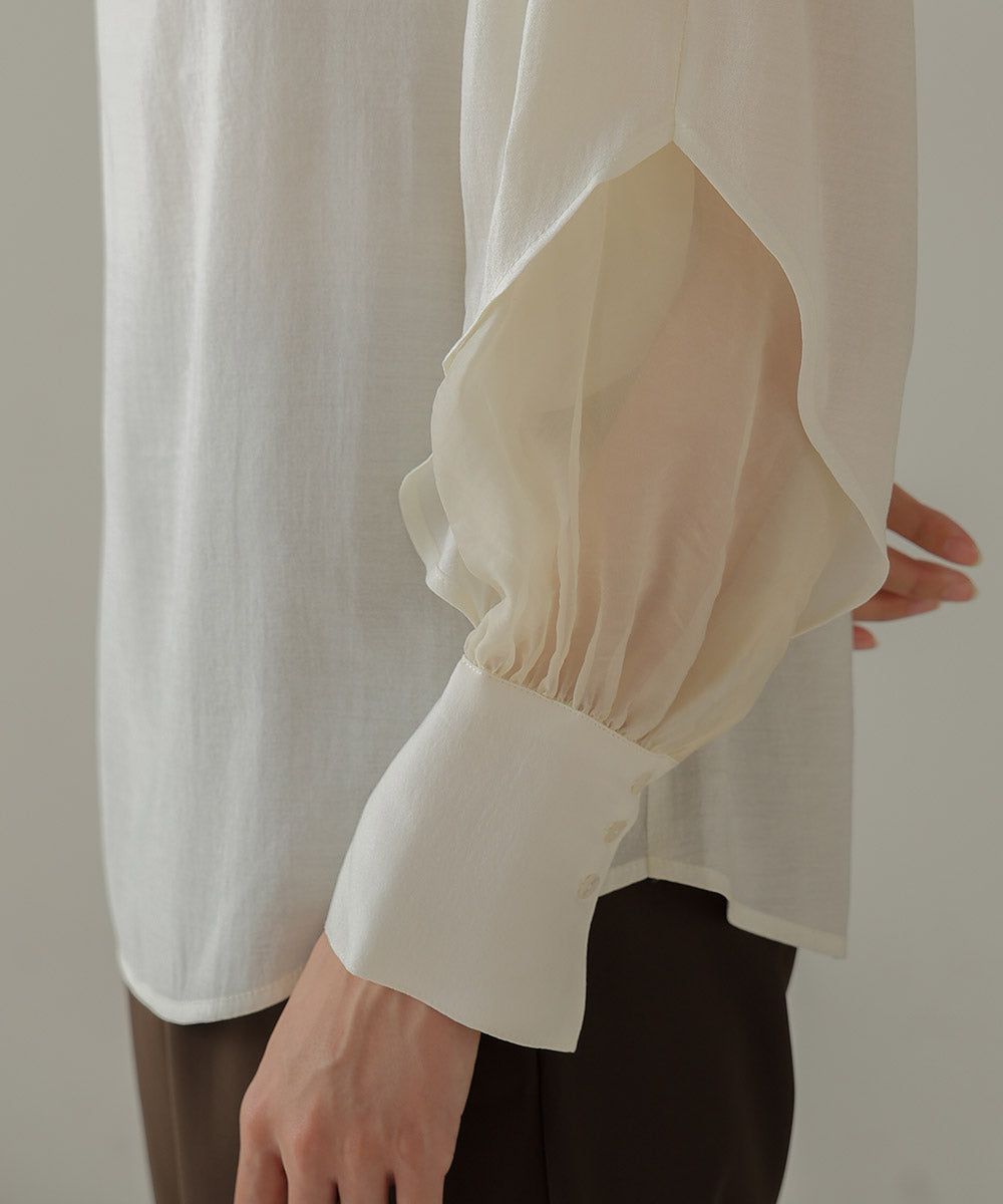 日本 Bab - 柔美紗拼接袖雪紡上衣-深可可