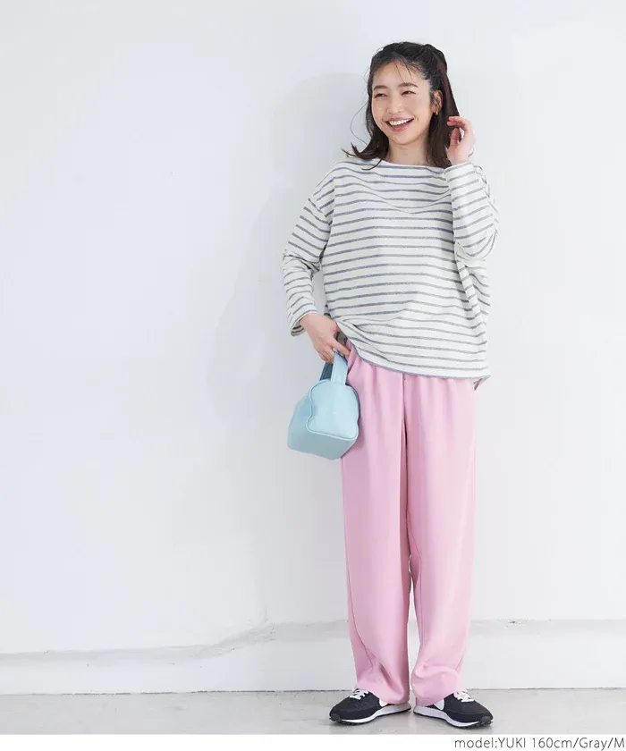 日本 COCA - [熱銷推薦] 百搭船領薄長袖上衣-條紋-灰x白