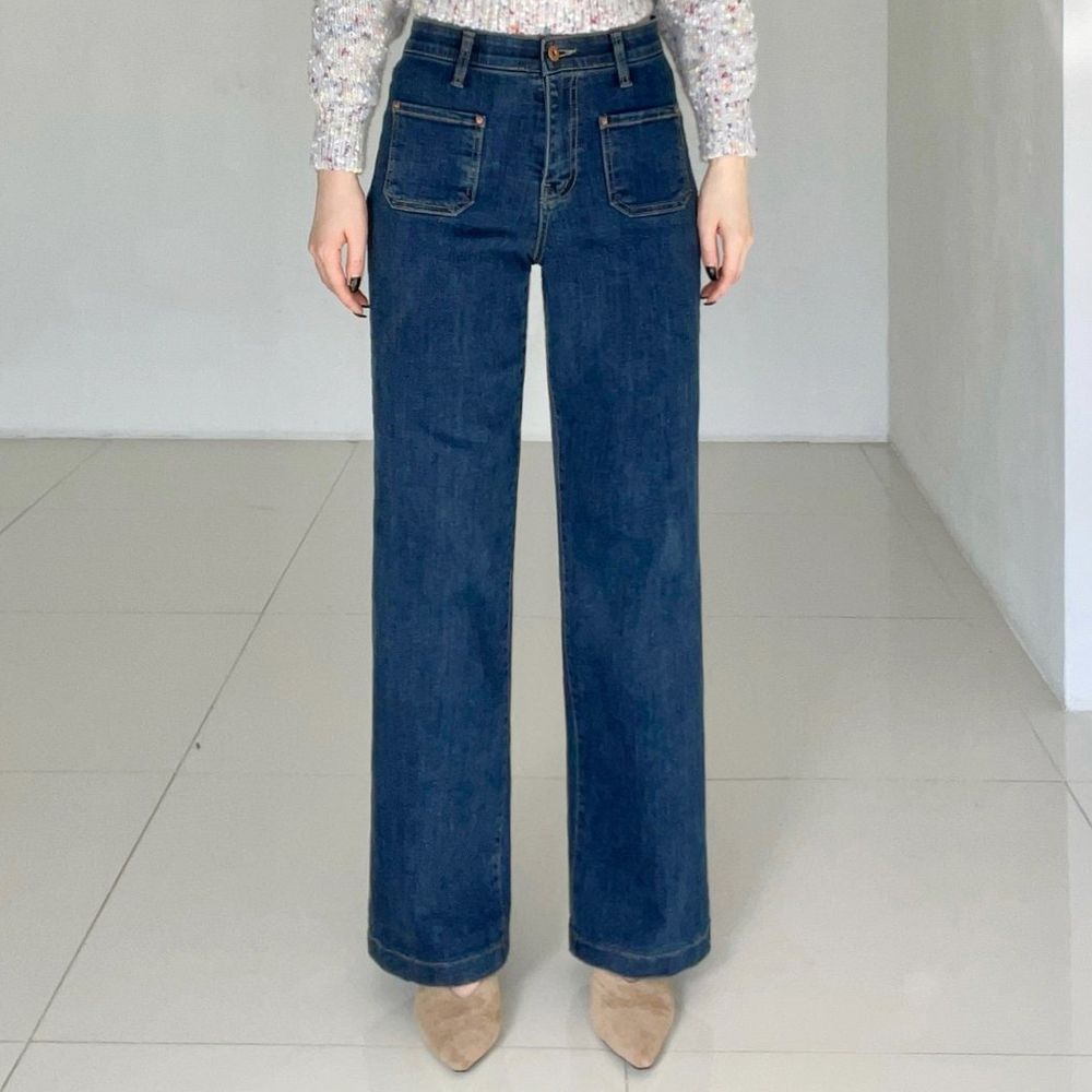 Howluk (萊卡內磨毛)彈性腰口袋直筒丹寧褲