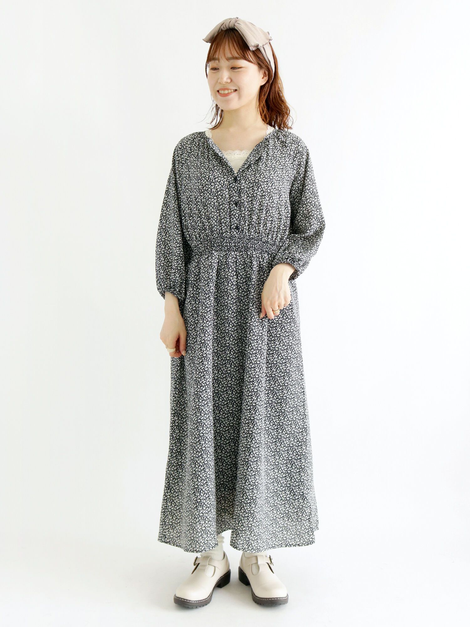 日本 ehka sopo - 甜美氣質碎花雪紡縮腰長洋裝-白