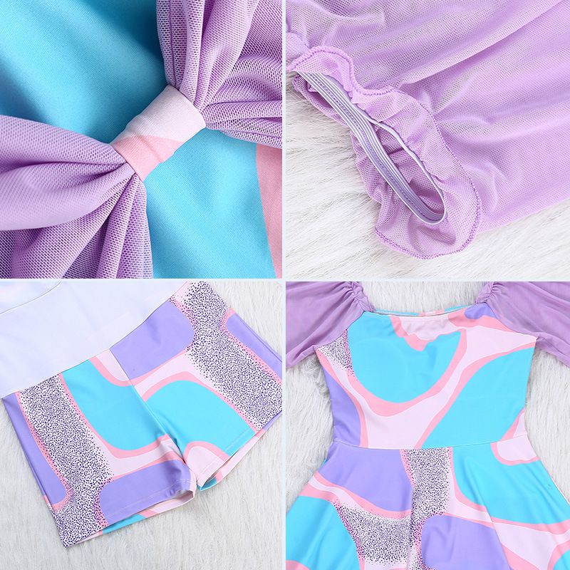 荷葉袖修身顯瘦遮肉連身裙泳衣-拼色幾何-淺紫色