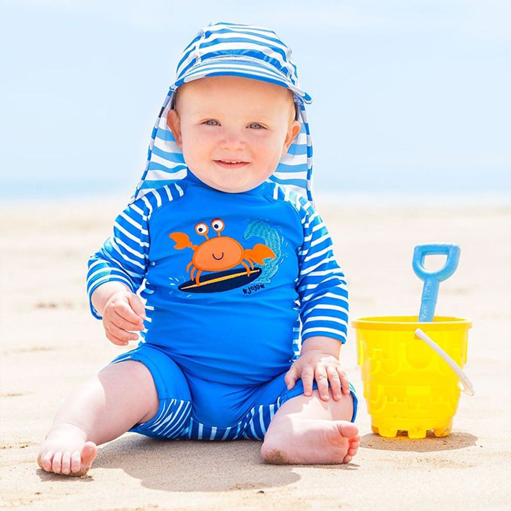 英國 JoJo Maman BeBe - 嬰幼兒短袖防曬連身泳裝-螃蟹滑水
