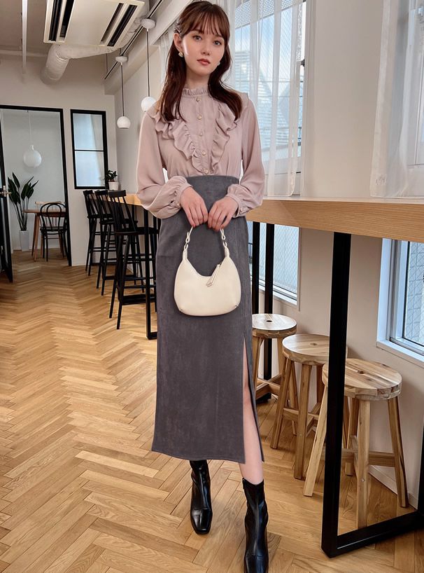 日本 GRL - 優雅百搭開衩麂皮長裙-深可可