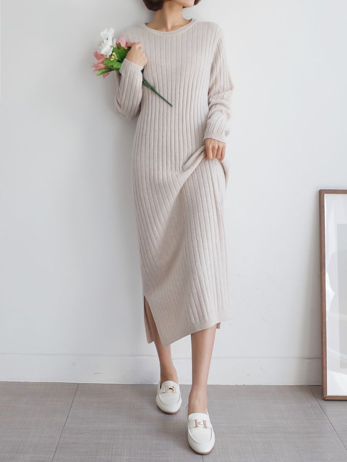 韓國女裝連線 - 喀什米爾羊毛針織連身洋裝-米杏 (FREE)