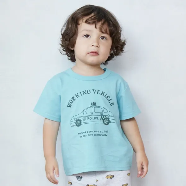 日本 petit main - 百搭印花短袖上衣-恐龍線條-卡其黃