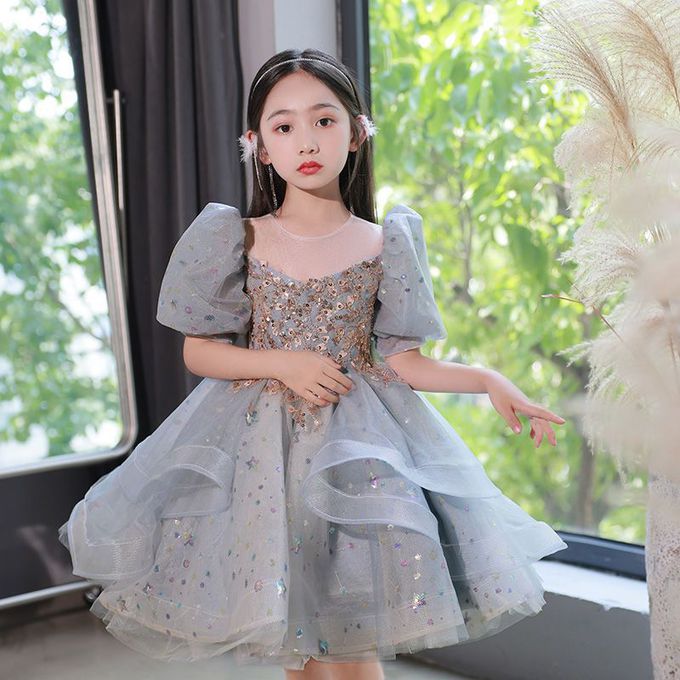 公主風立體紗裙短袖禮服-亮片星空-香檳色