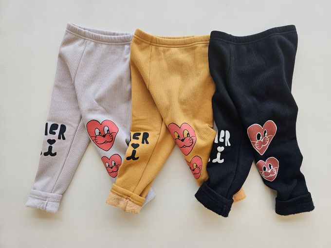 韓國 First Blue - (內磨毛)鬆緊腰愛心動物臉彈力褲-米灰杏