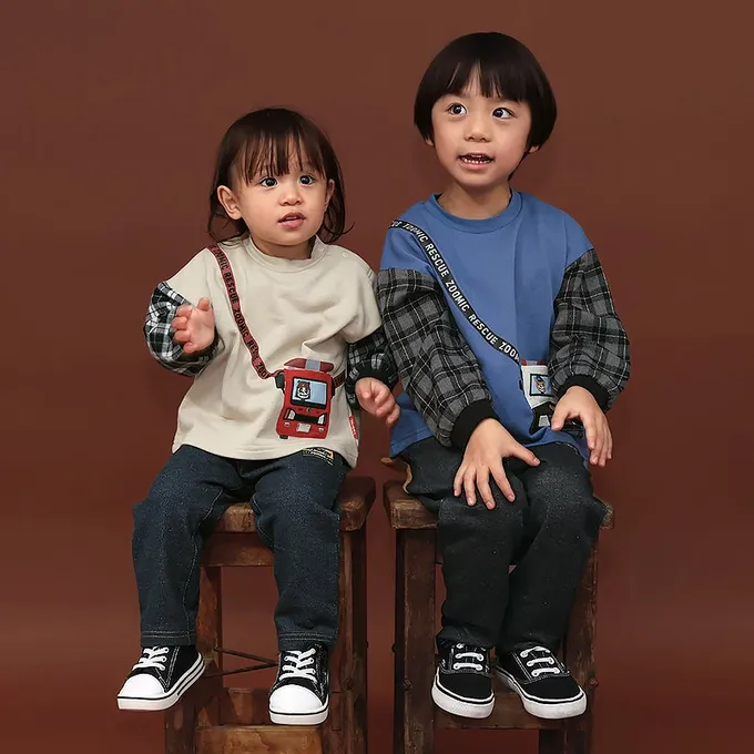 日本 ZOOLAND - 熊熊救援隊 警車標籤舒適牛仔長褲-熊熊口袋-黑