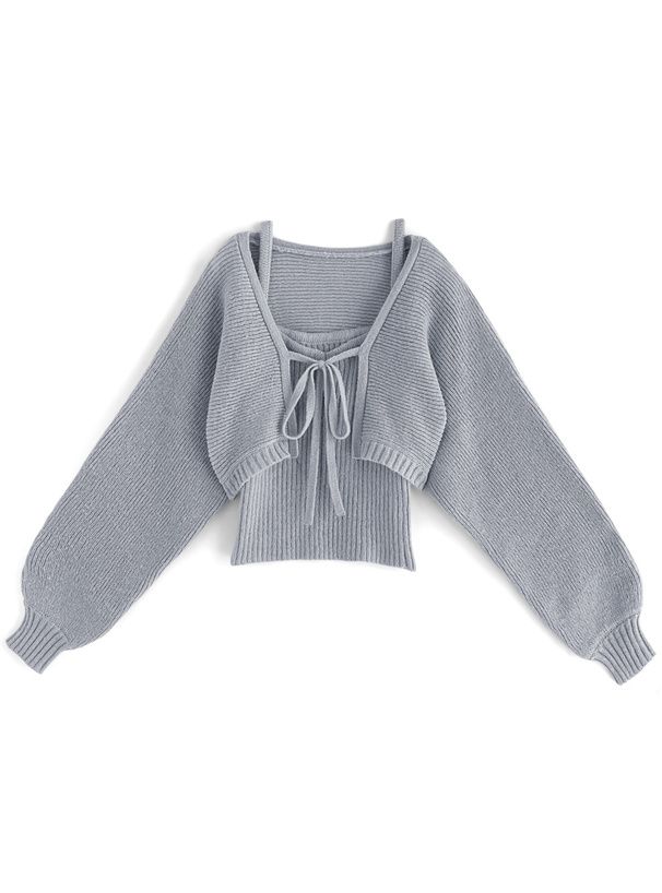 日本 GRL - 羅紋針織內搭泡泡袖外套兩件組-寶貝藍